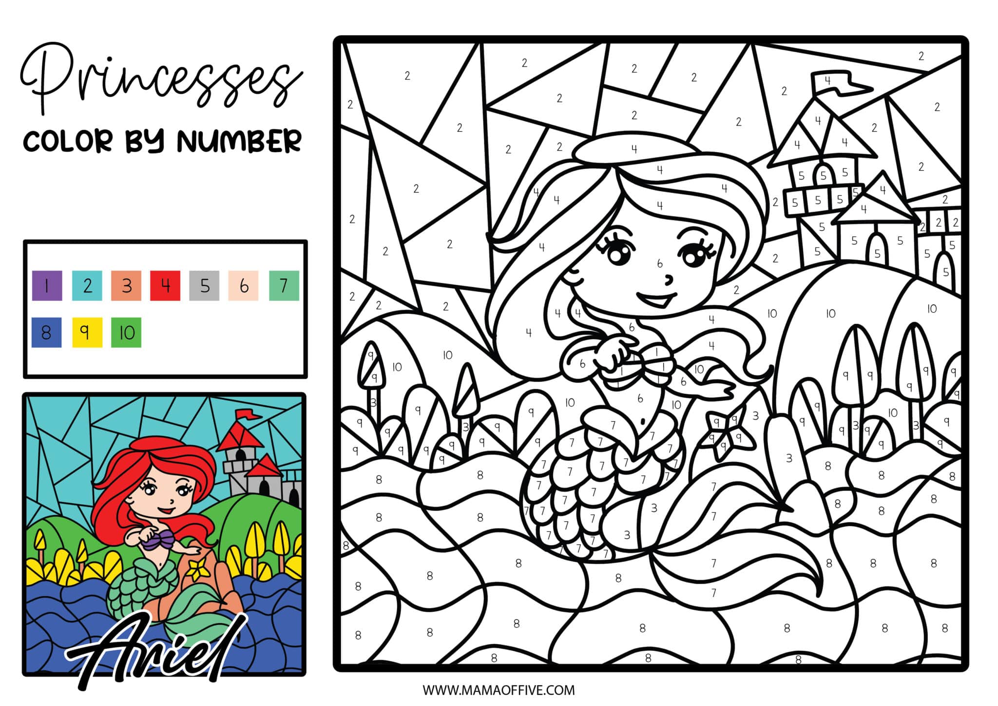 Disney Princesses Color By Number Printable Set - FREE - Mama of Five