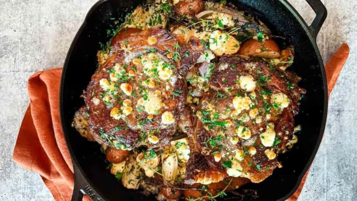 Cast Iron Ribeye Steak with Pears and Blue Cheese