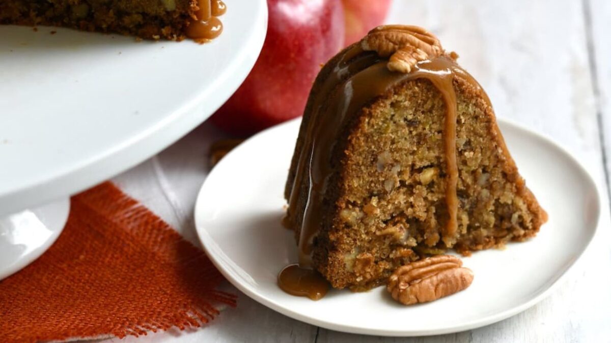 Easy Apple Pecan Cake with Caramel Glaze