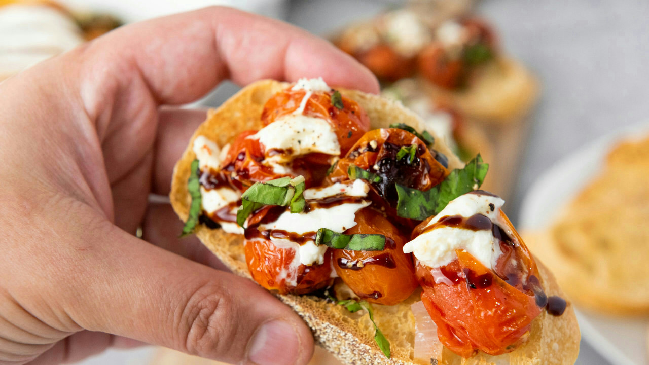 Roasted Cherry Tomato and Burrata Bruschetta