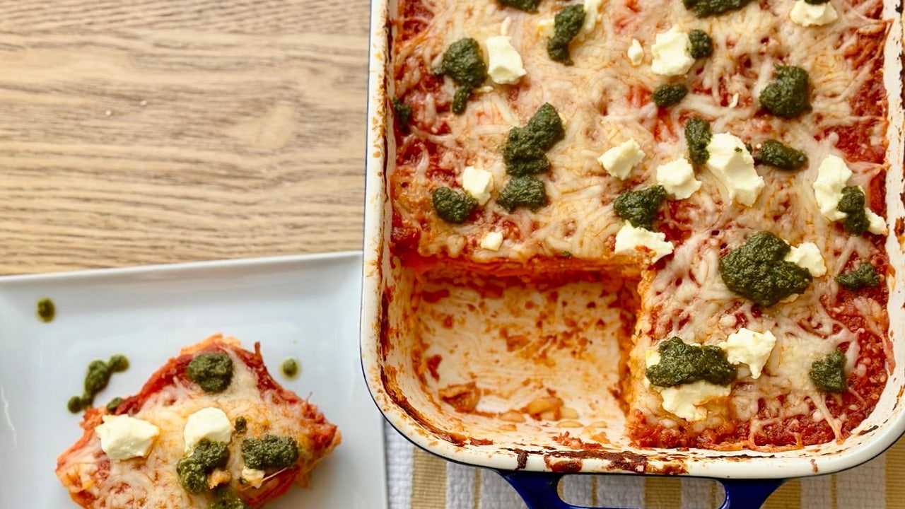 Easy 7-Layer Sweet Potato Lasagna with Orzo and Tofu Ricotta