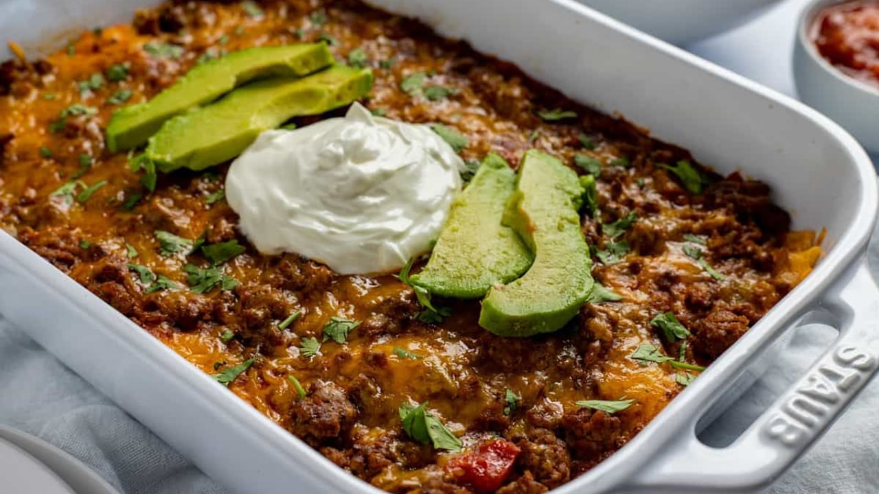 Layered Beef Enchilada Casserole